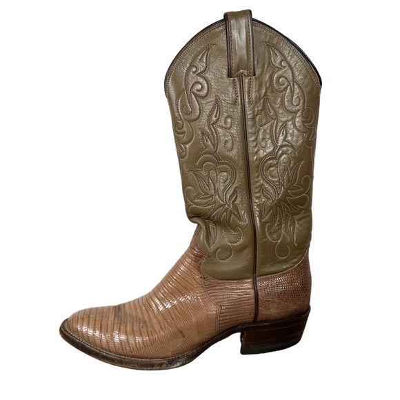 Justin Boots Tan lizard exotic vintage Cowboy Boots western round toe brown - Picture 1 of 12